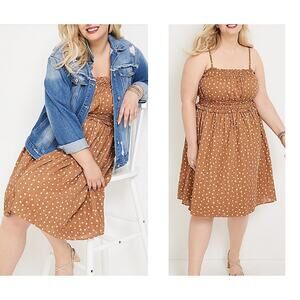 Maurices Brown Polka Dot Smocked Midi Dress Cotton Fit Flare Sleeveless Size 0X